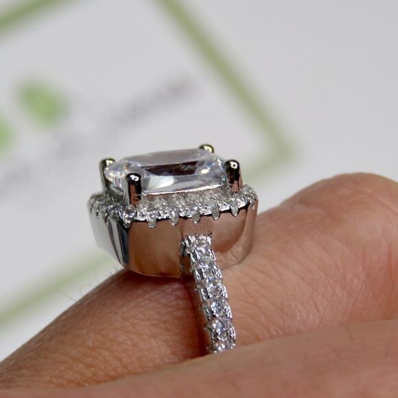 Macy's Square Cut Sterling Silver Moissanite Diamond Halo Ring S925 Size 6 - Picture 4 of 8